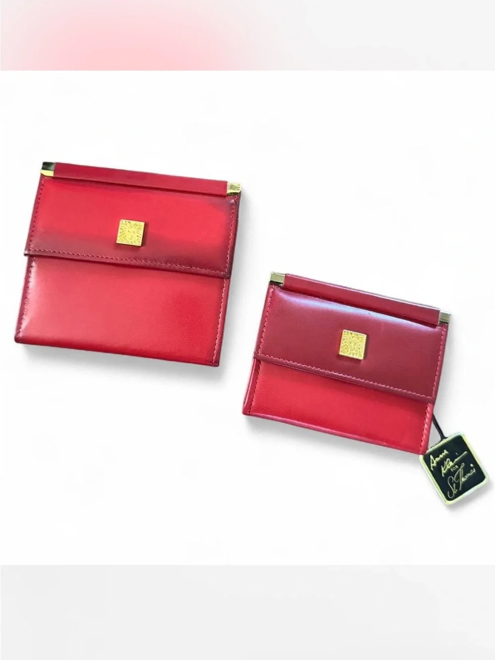 Vintage Anne Klein for St.Thomas Red leather trifold wallet and key holder bundl